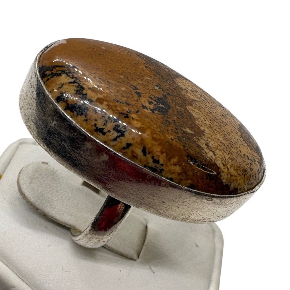 Vintage Sterling Silver 925 Picture Jasper Oval Statement Ring Size 7 13.58g
